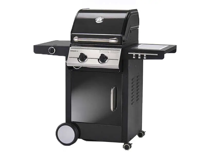 Outdoor gas barbecue grill manufactured by YBT in Taiwan, two or three burners, porcelain-enamel lid and cast iron cooking plate