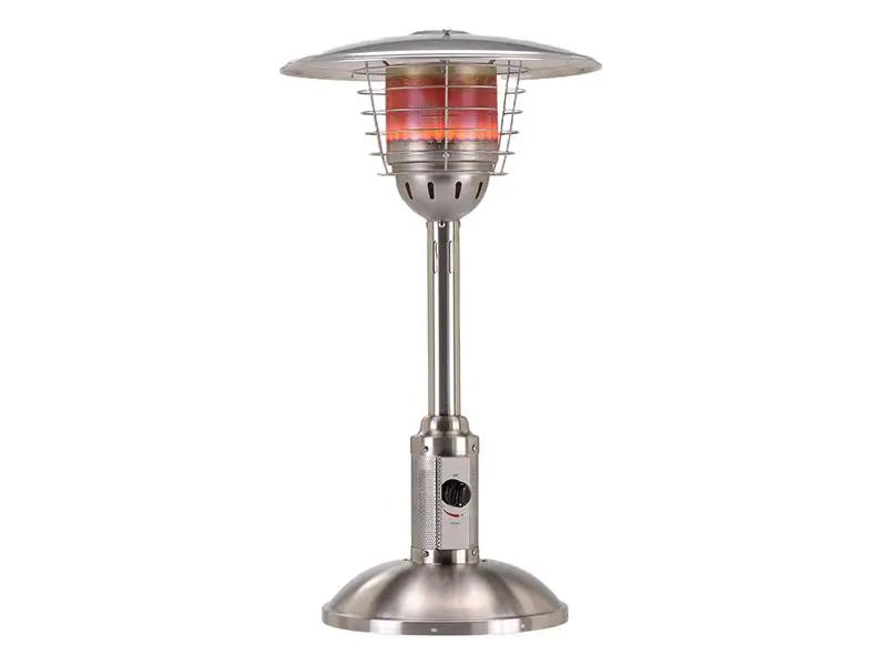 Table-top gas patio heater model 1011 manufactured by YBT in Taiwan, stainless steel body
