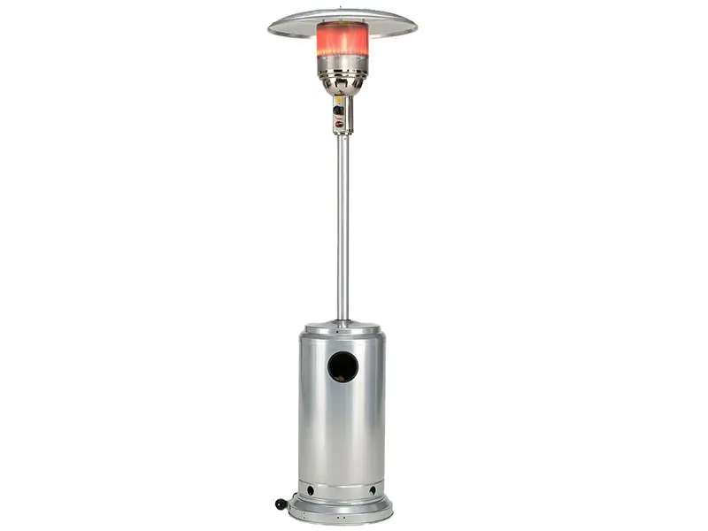 Free-standing 2200 gas patio heater manufactured by YBT in Taiwan, 7 kW, stainless steel column with reflector