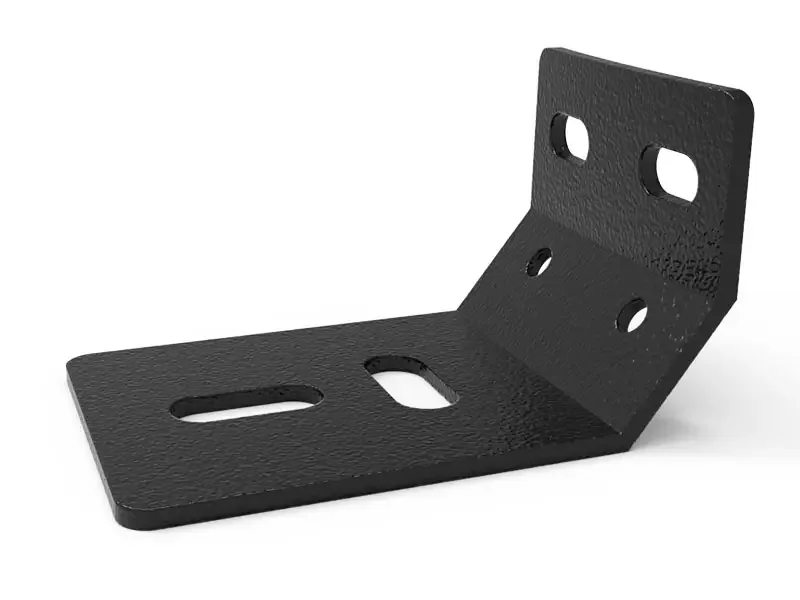 Bent angle bracket with slotted holes, black coated, made by YBT in Taichung, Taiwan